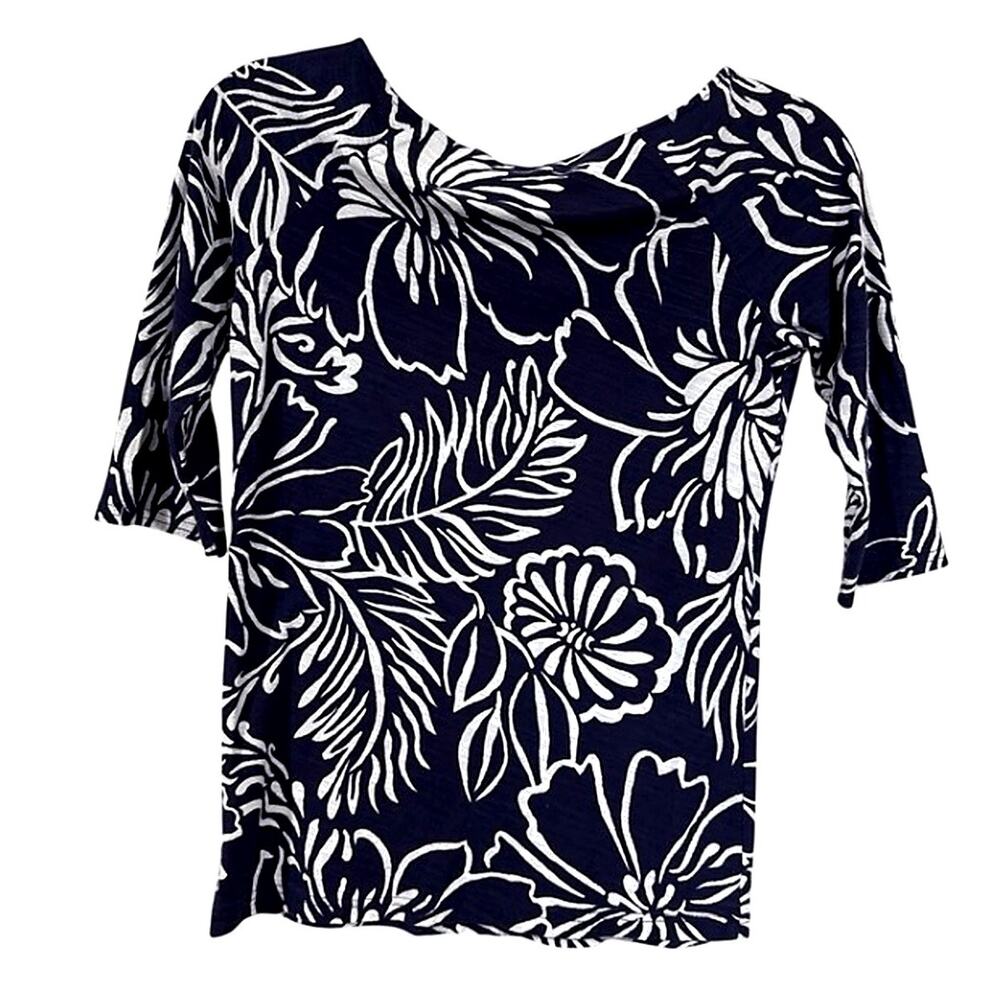 Lilly Pulitzer Top Women’s Small Navy White Floral Cotton Coastal Tee 3/4 Sleeve - Picture 9 of 16